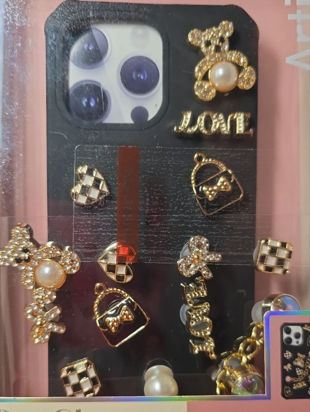 Decorative Phone Case for iPhone 15 Pro Max — Black with Gold Charms